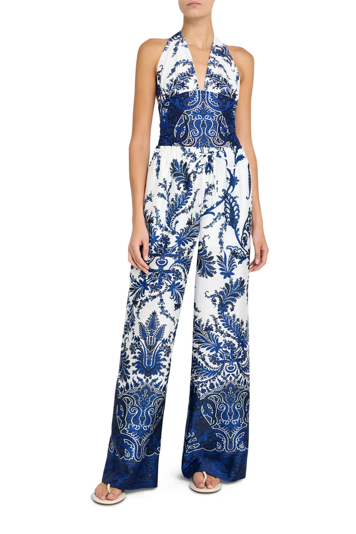 Wide-leg Selena Print Twill Pants in paisley twill, structured waistband, full length. Front view on white.