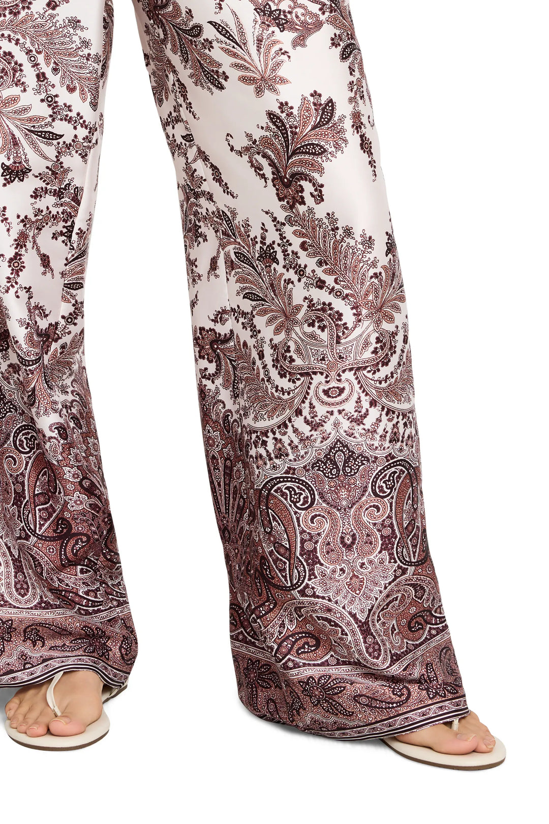 Wide-leg Selena Print Twill Pants in paisley print, structured waistband, soft twill fabric; front view on model.