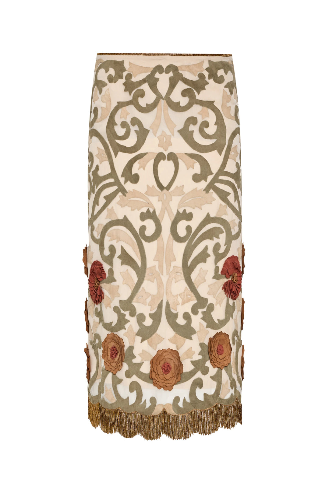 A-line organza skirt with green patterns, red appliqué, gold fringe trim, suede embroidery; front view on white.
