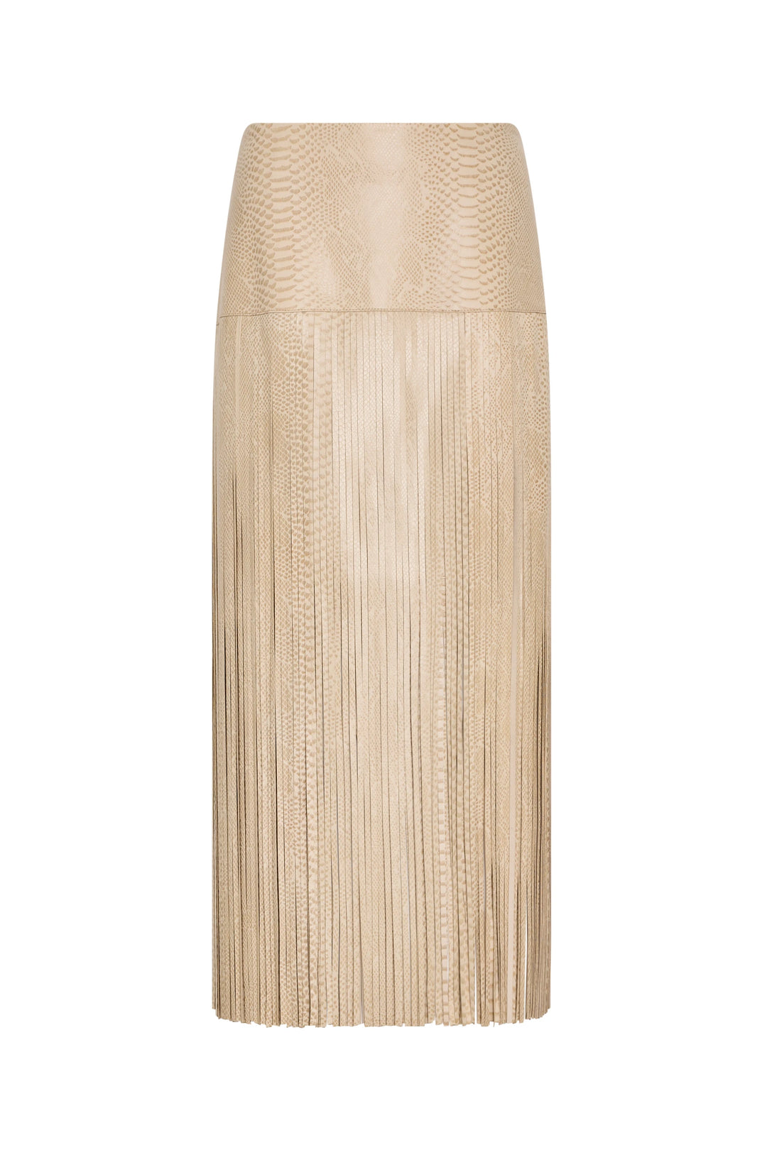Knee-length skirt with long fringe, textured pattern, and straight silhouette in leather. Front view on white.