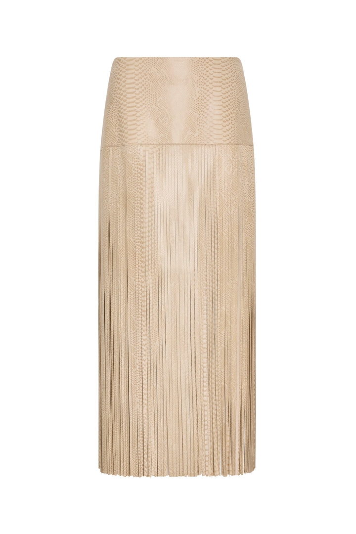 Knee-length skirt with long fringe, textured pattern, and straight silhouette in leather. Front view on white.