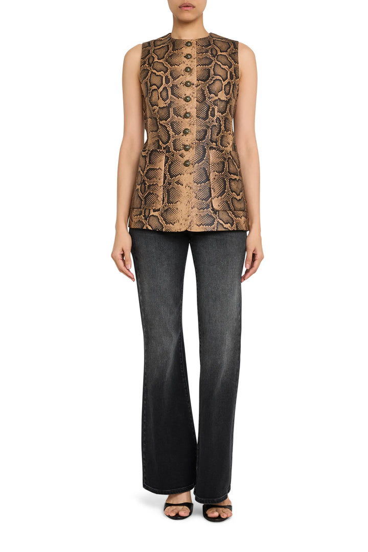 Sleeveless leather vest with tailored fit, front button closure, and bold printed pattern; front view on model.