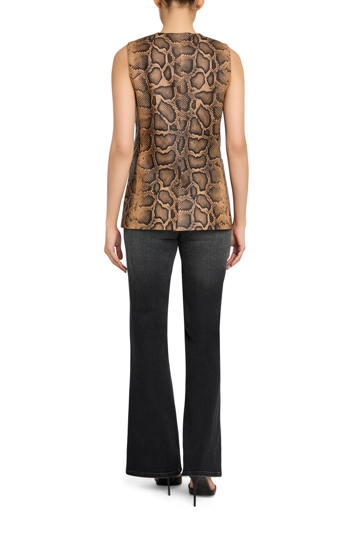 Sleeveless, structured leather vest with tailored fit and allover print. Back view on model.