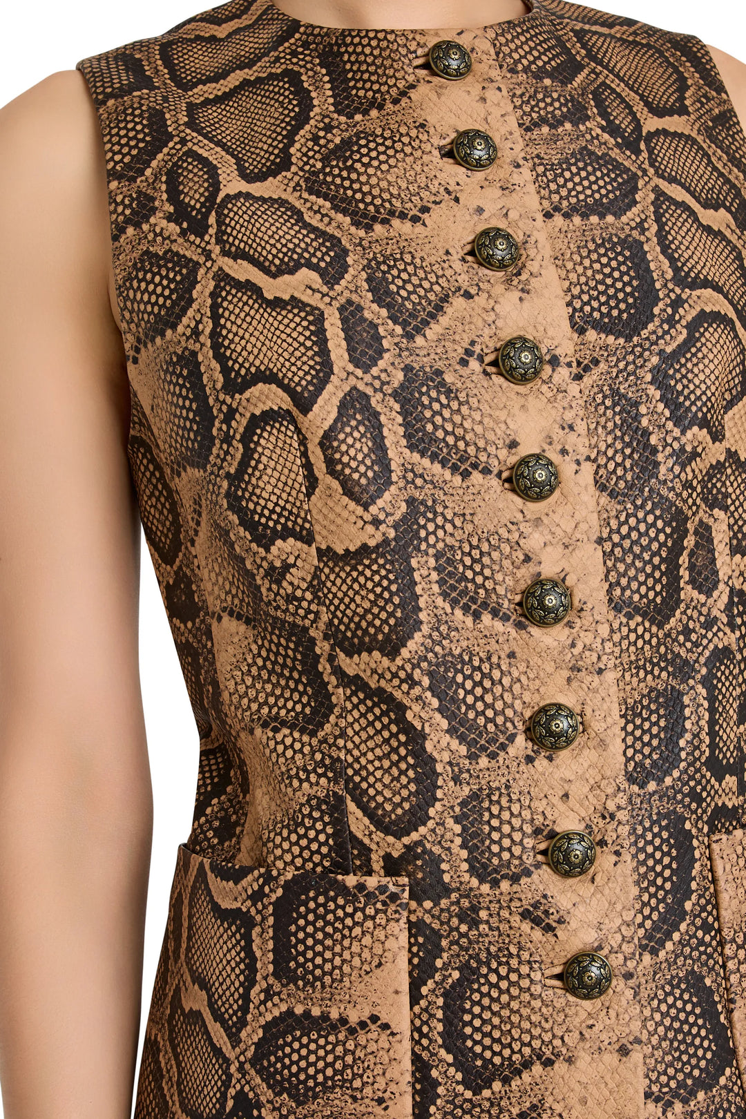 Fitted leather vest with python print, tailored seams, and antique-style front buttons; front view on white.