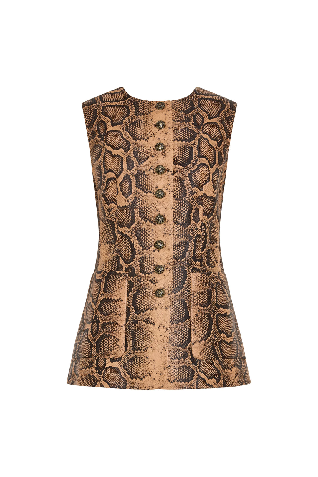 Sleeveless silhouette python print leather vest with antique-style buttons, tailored construction; front view on white.