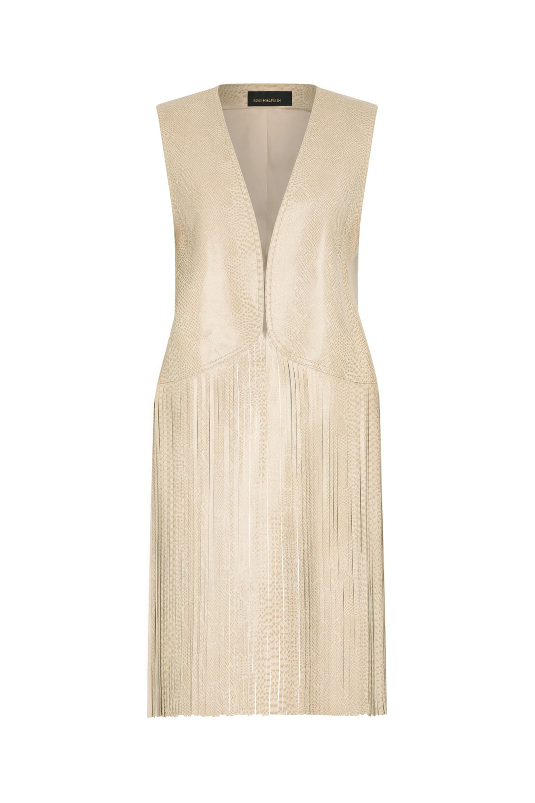 Sleeveless textured vest with long python-print fringe, open front construction. Front view on white.