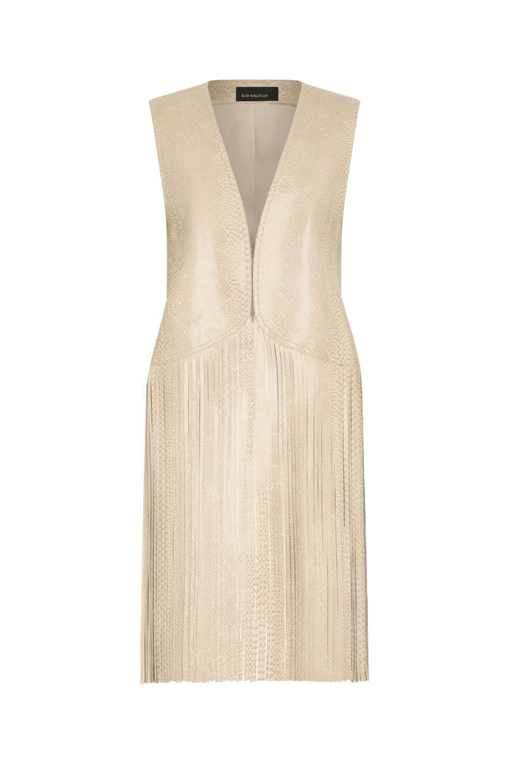 Sleeveless textured vest with long python-print fringe, open front construction. Front view on white.