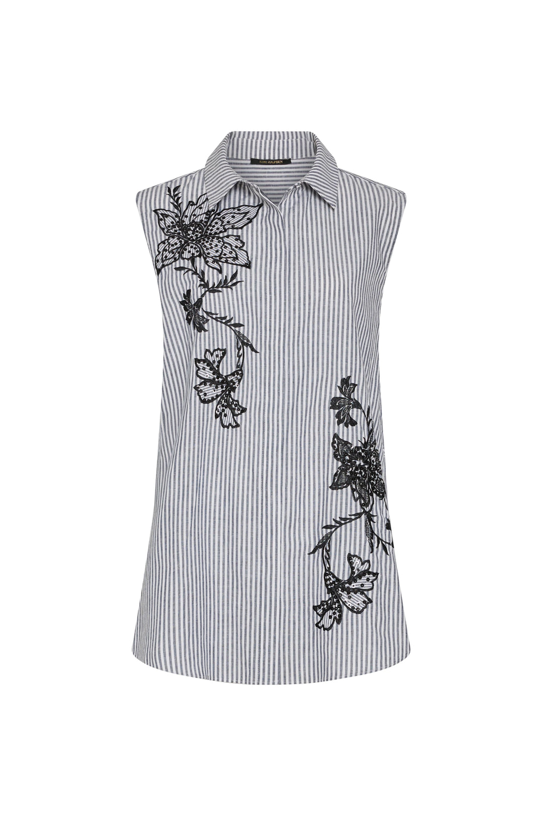 Sleeveless striped shirt with collared neckline, black floral embroidery, straight silhouette, front view on white.