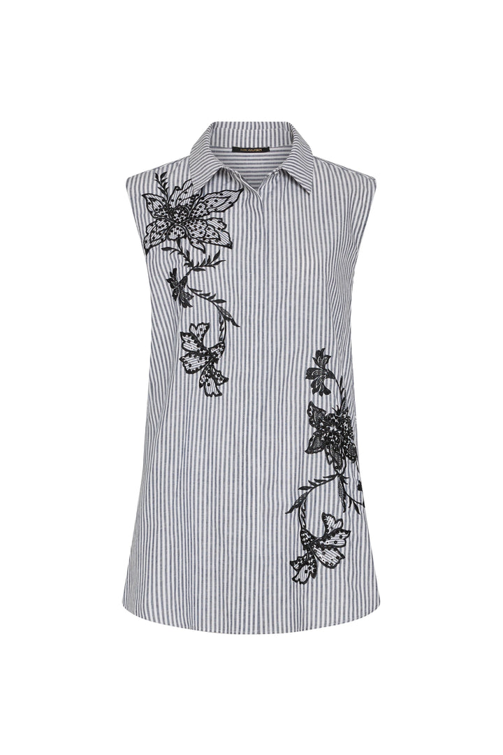 Sleeveless striped shirt with collared neckline, black floral embroidery, straight silhouette, front view on white.