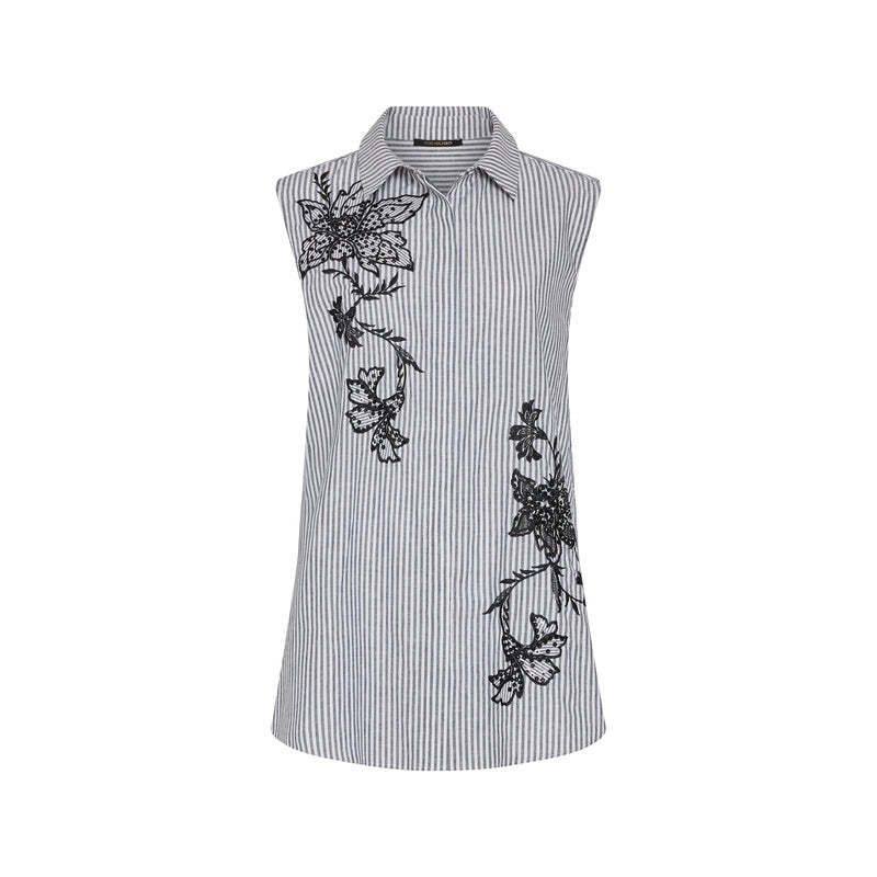 Black and white striped sleeveless blouse with floral embroidery on a white background