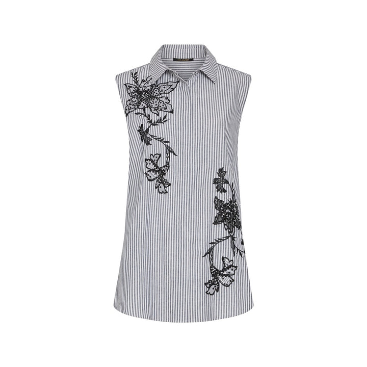 Black and white striped sleeveless blouse with floral embroidery on a white background