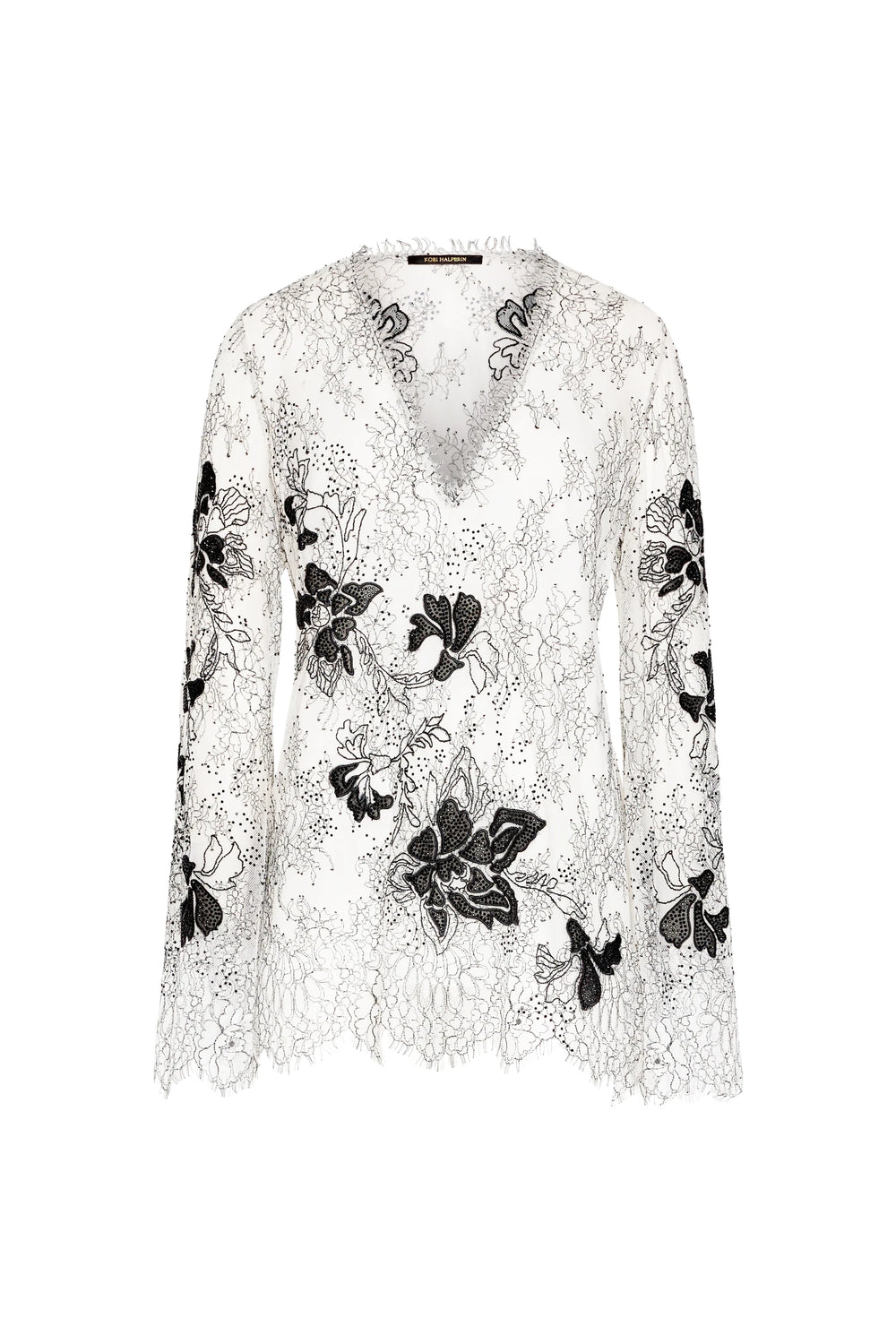 Semi-sheer lace blouse with black floral embroidery, long sleeves, eyelash hem. Front view on white.