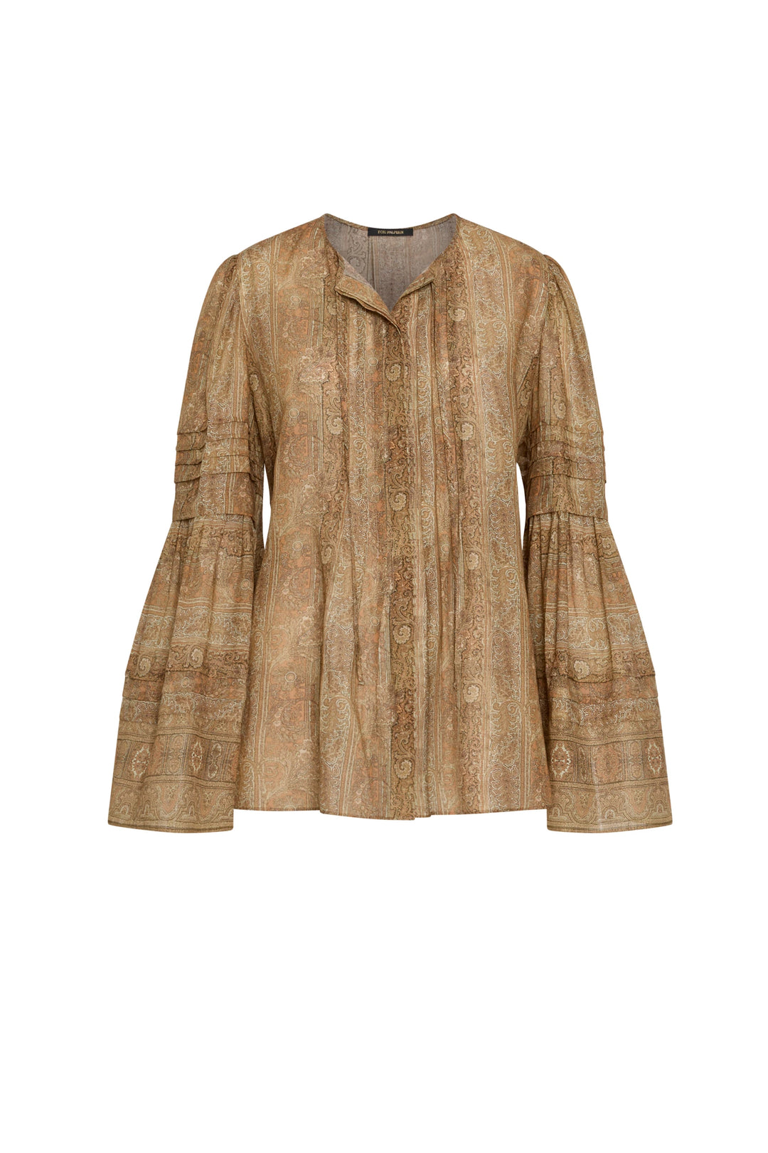 Relaxed silhouette blouse with paisley motif, pleated front, flared long sleeves; front view on white.