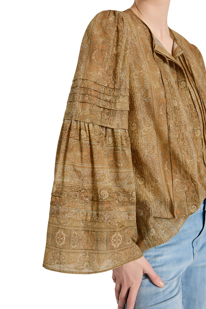 Joey Printed Blouse with flared sleeves and relaxed silhouette, lightweight fabric, front view on model.