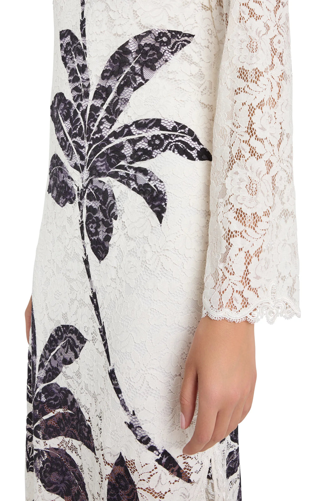 Maxi dress with long sleeves, fitted bodice, botanical lace print, semi-sheer overlay. Front view on model.