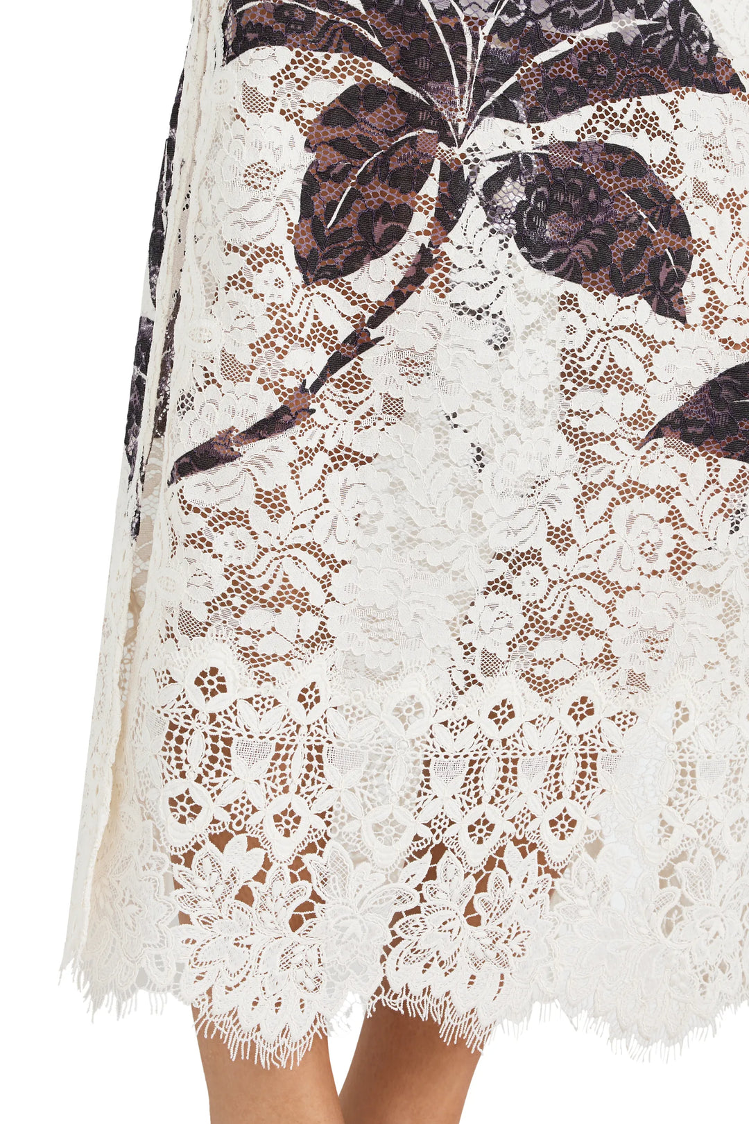 Maxi dress with fitted bodice, flared skirt, white lace overlay and dark botanical print. Front view on white.