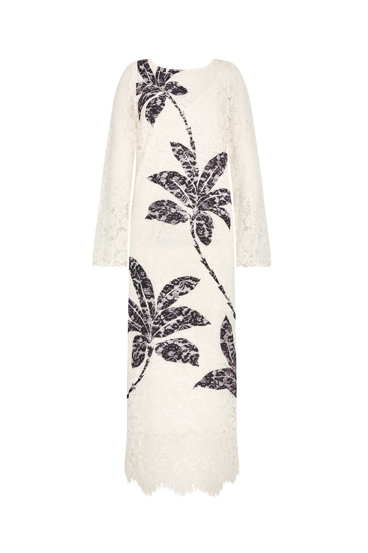 Maxi dress with long sleeves, black botanical print, lightweight fabric, straight silhouette; front view on white.