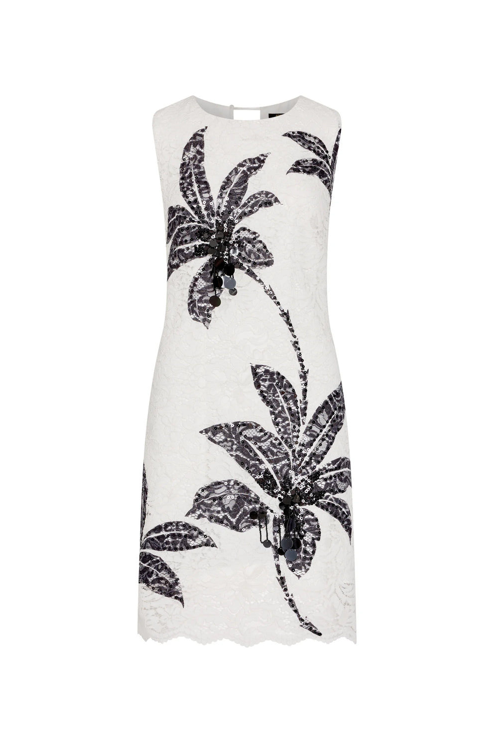 White dress with black palm tree pattern on a white background
