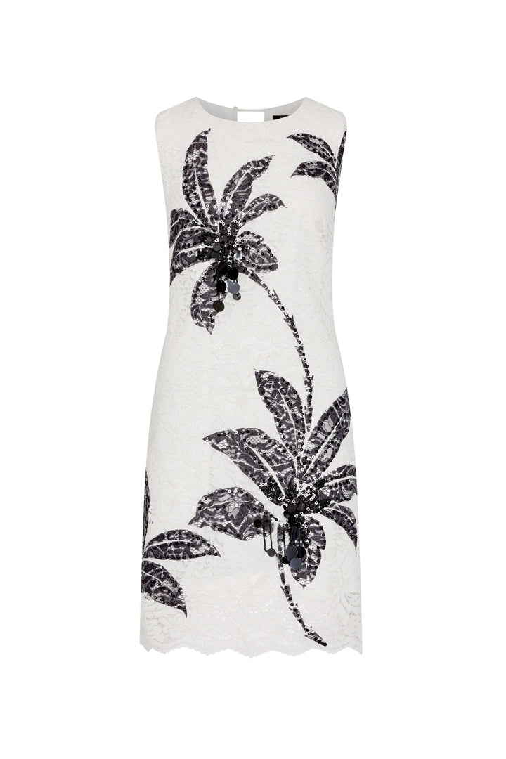 White dress with black palm tree pattern on a white background