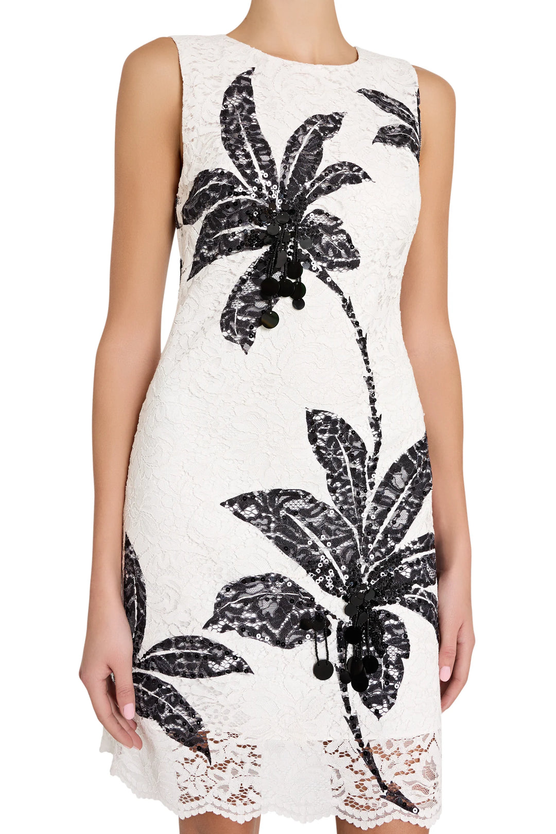 White dress with black palm tree patterns on a white background