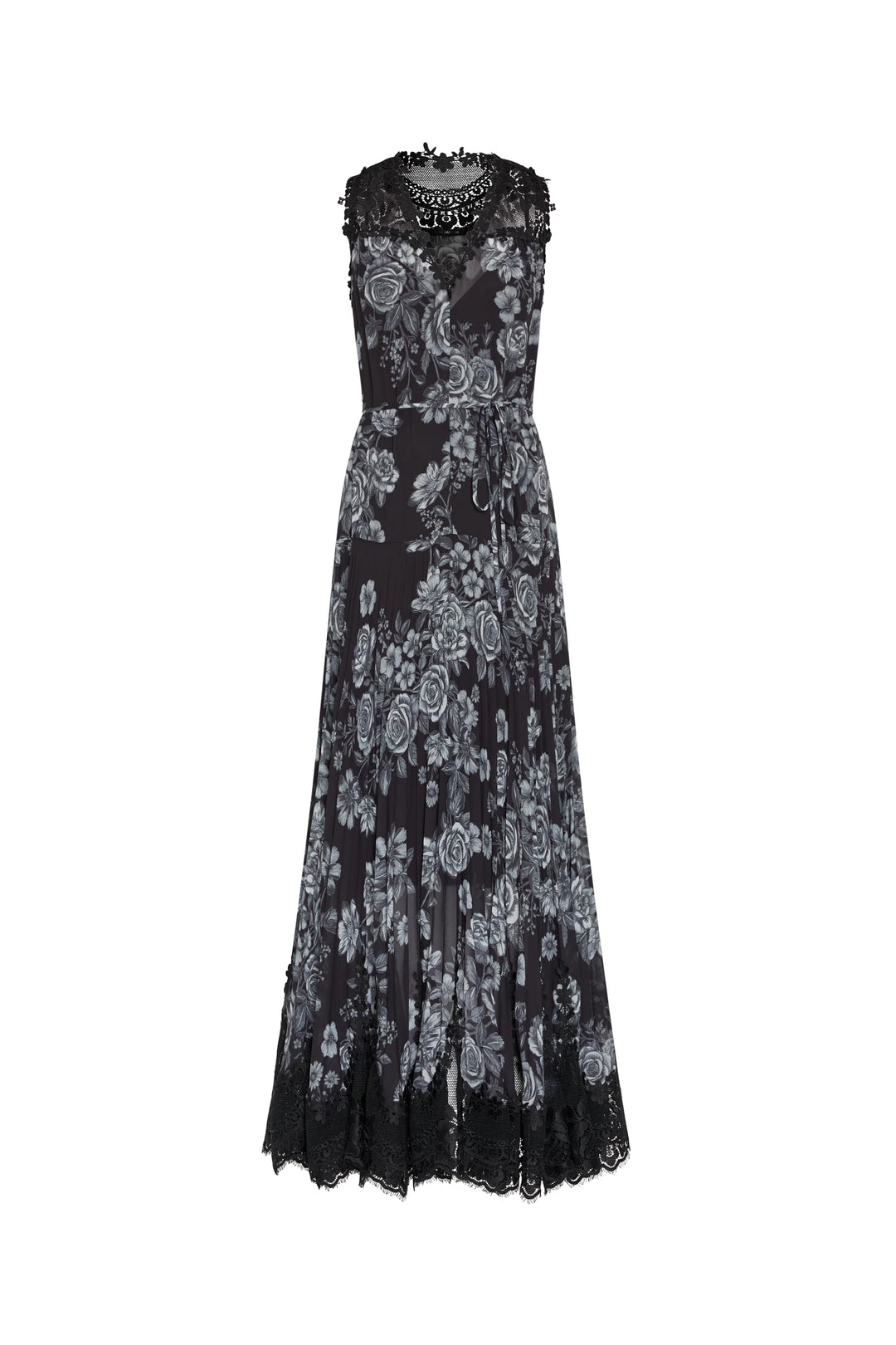 Black floral lace dress on a white background