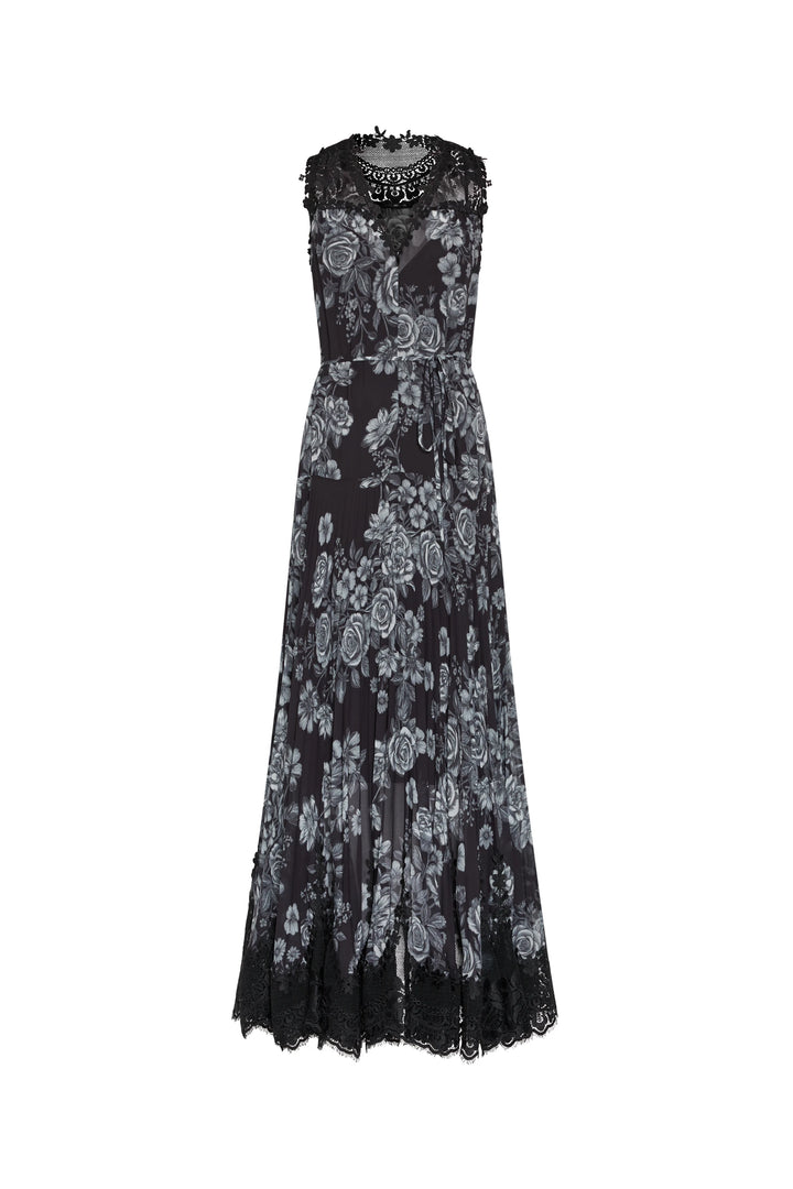 Black floral lace dress on a white background