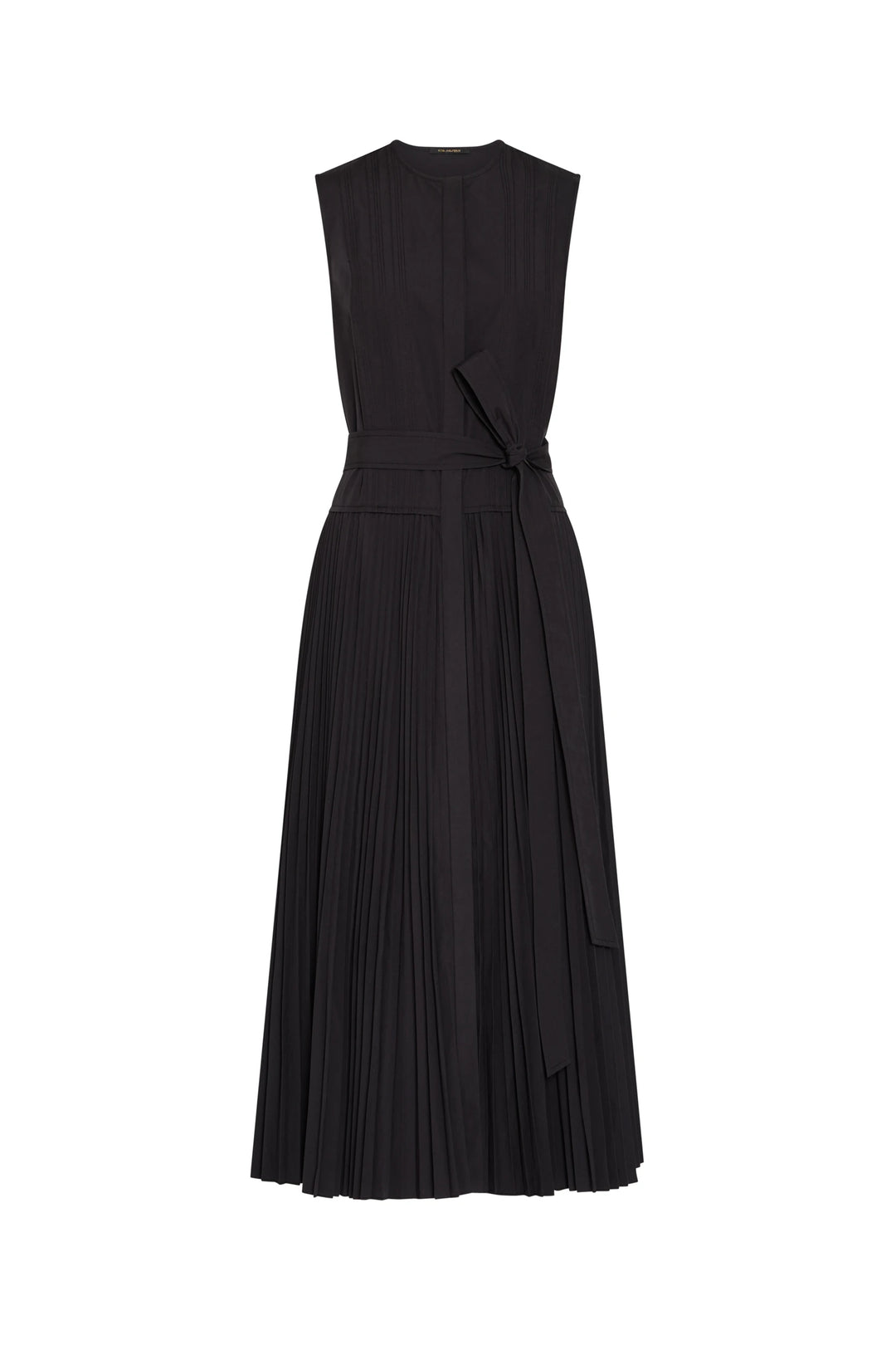 Black sleeveless dress with pleated skirt on a white background