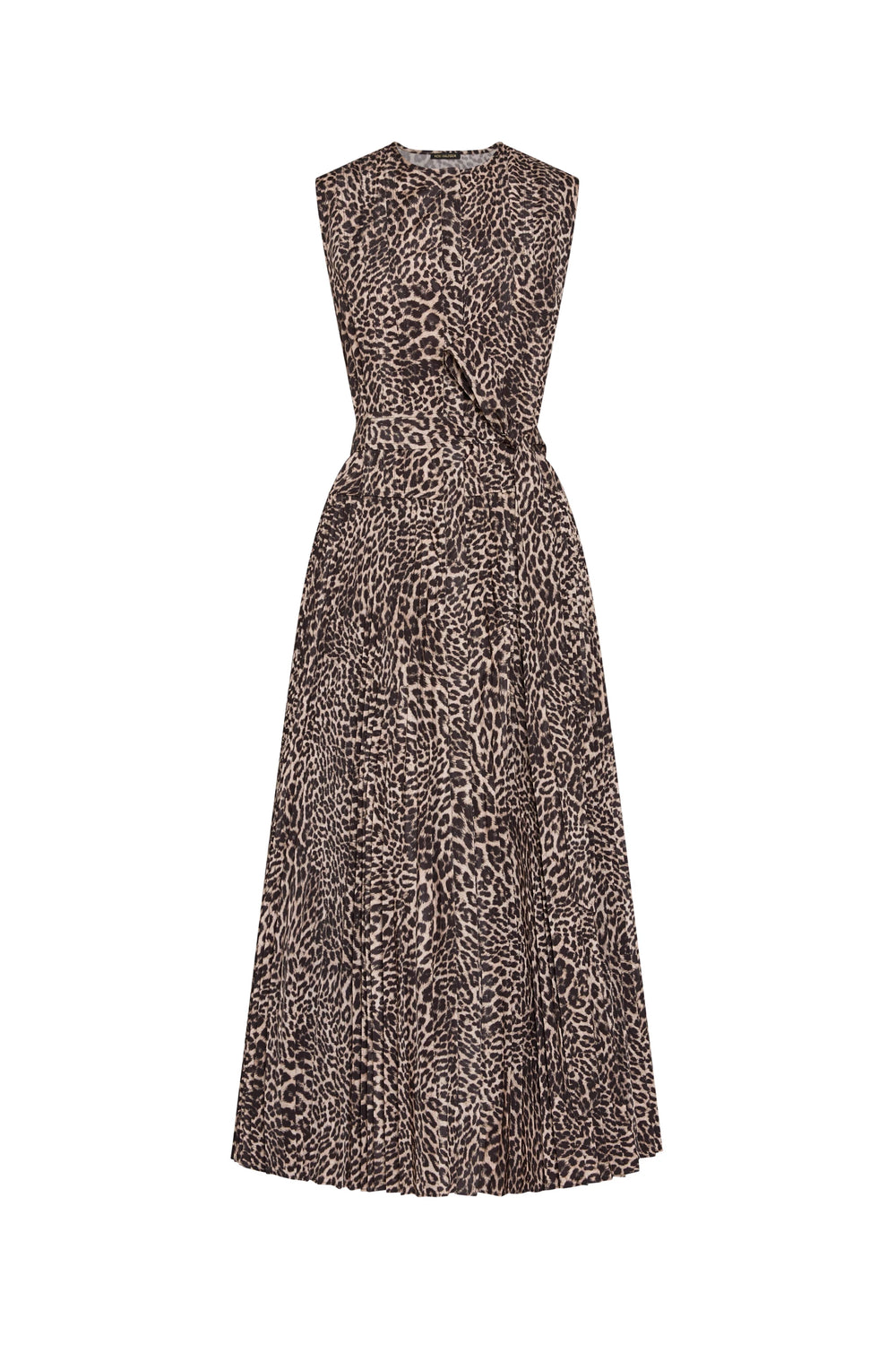 Sleeveless, ankle-length fitted dress with defined waist and leopard print fabric; front view on white.