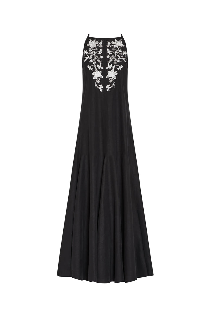 Black evening gown with floral embroidery on a white background