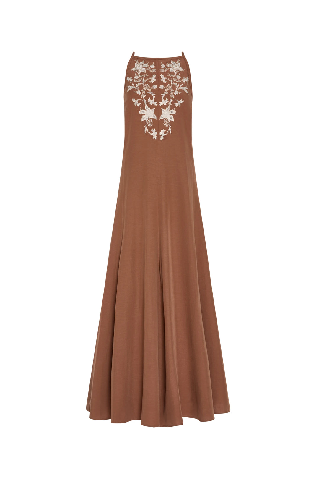 Sleeveless A-line maxi with floral lace appliqué on bodice, embroidered detail, lightweight fabric; front view on white.