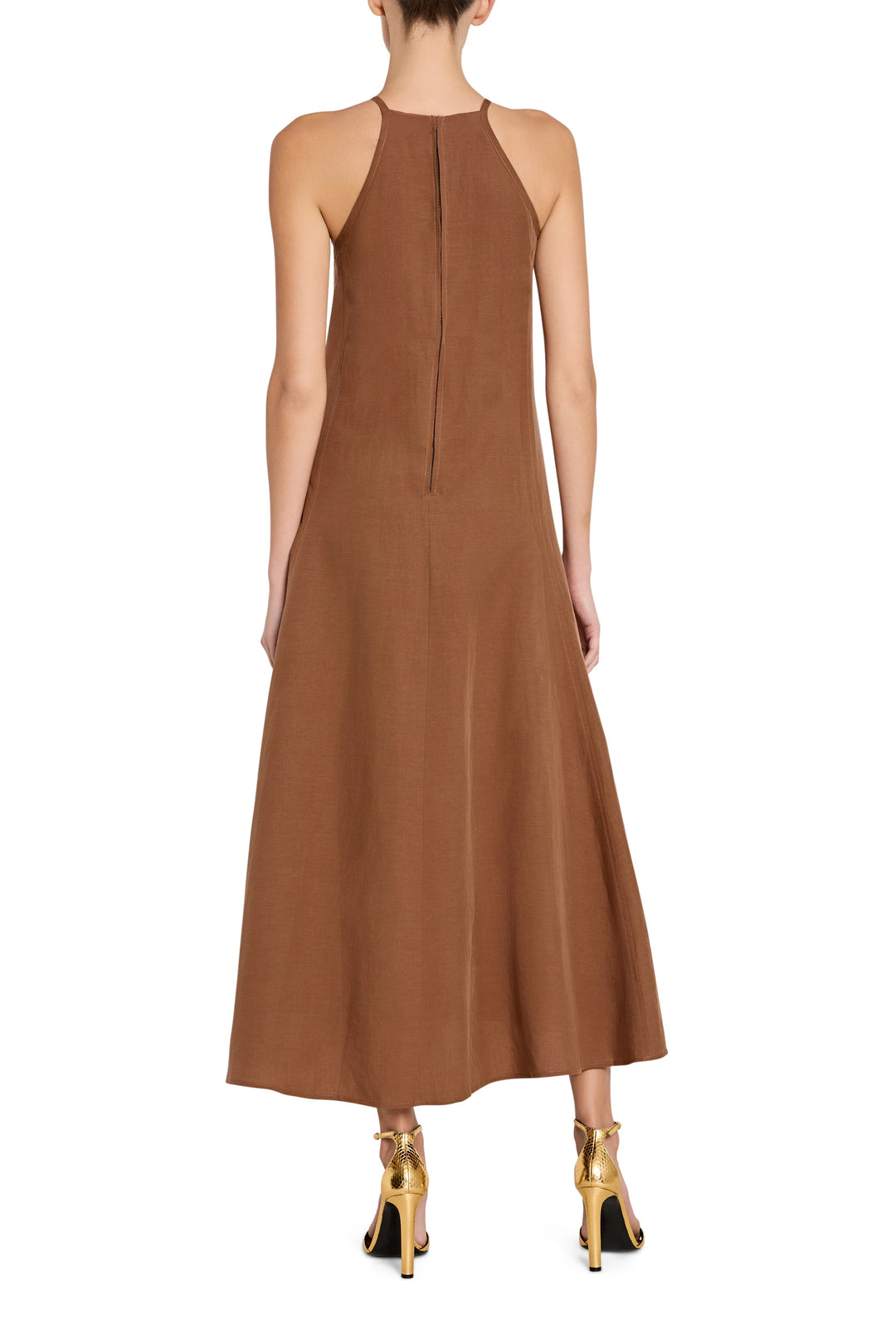 Sleeveless A-line maxi dress with high neckline, embroidery detail on back; back view on model.