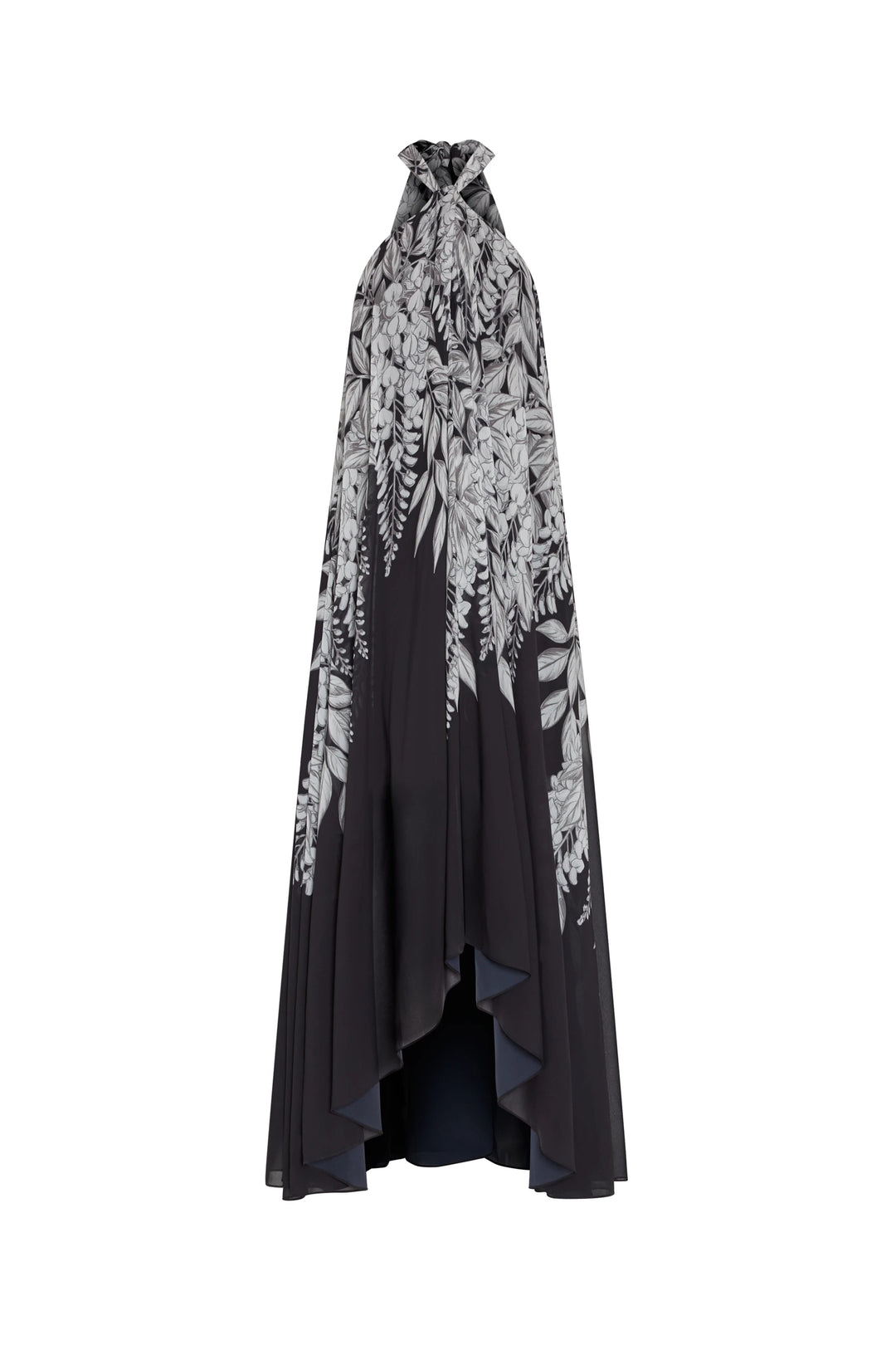 Black dress with white floral pattern on a white background