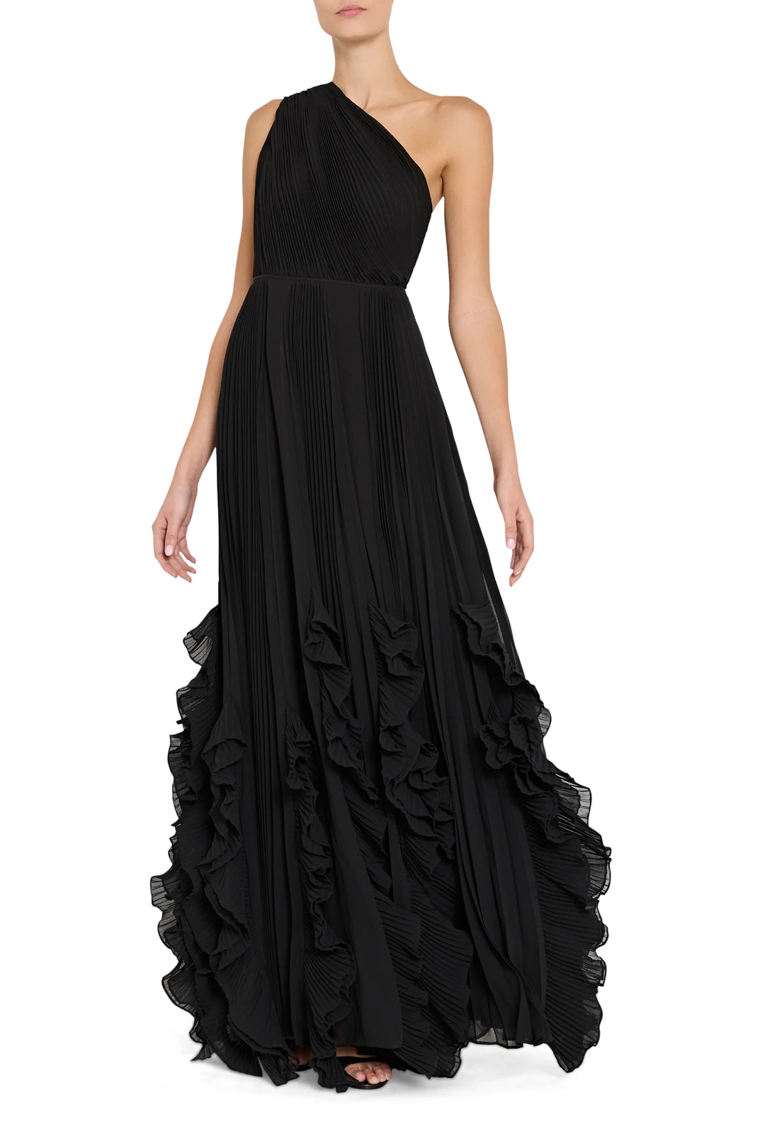 Black one-shoulder evening gown with ruffled layers on a white background