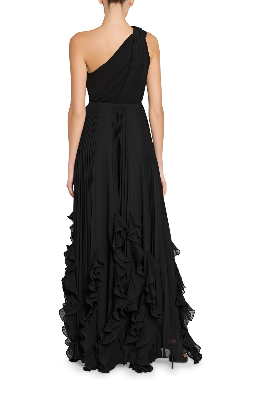 Black one-shoulder gown with ruffled details on a white background