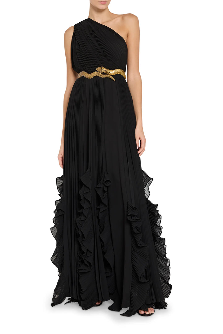 Black one-shoulder gown with gold waistband on a white background