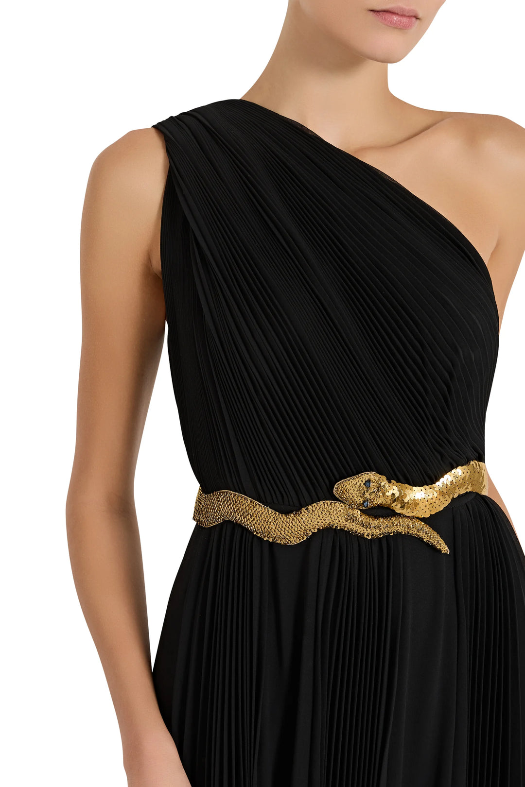 Black one-shoulder dress with a gold belt worn by a model on a white background