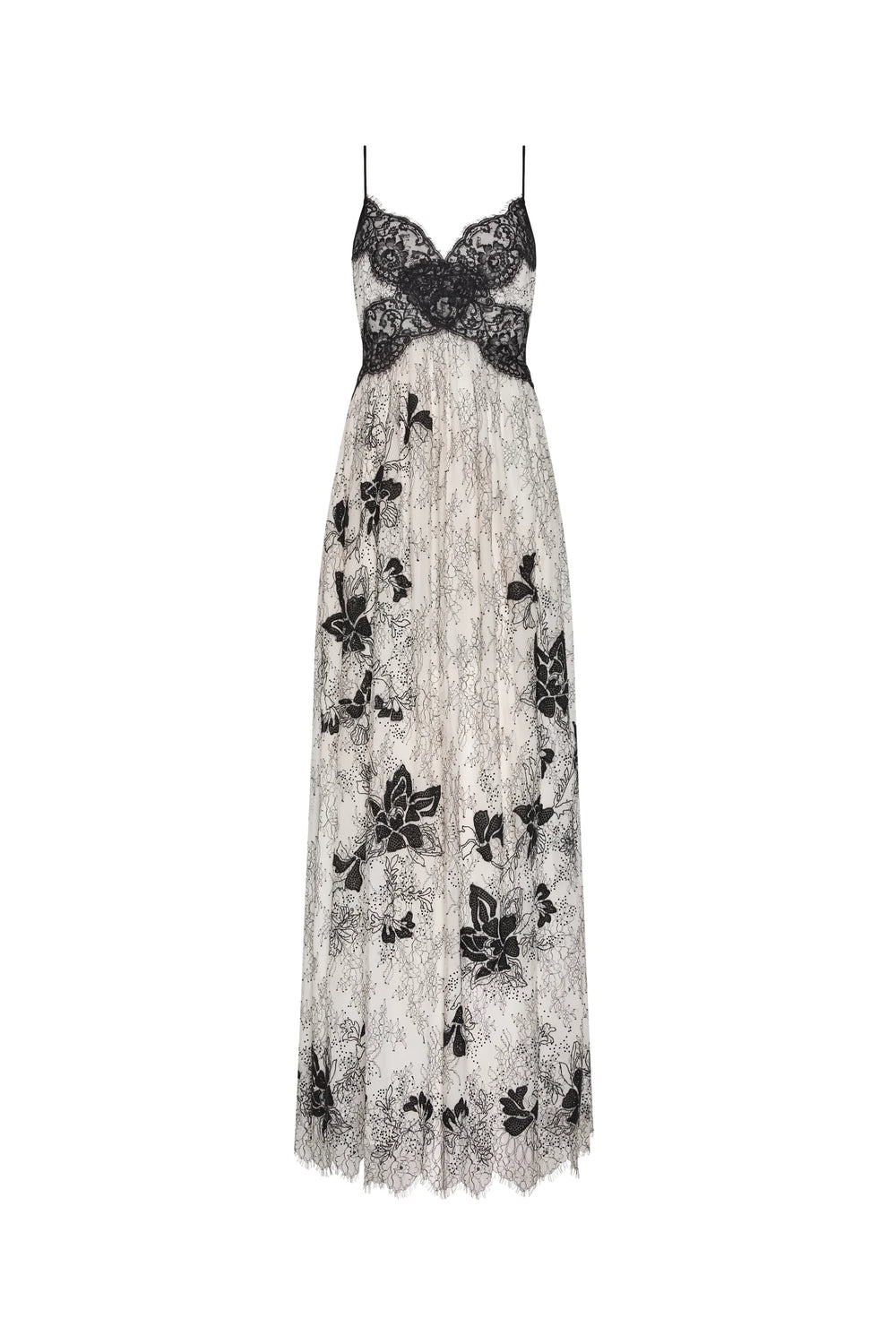 Black lace dress with floral patterns on a white background