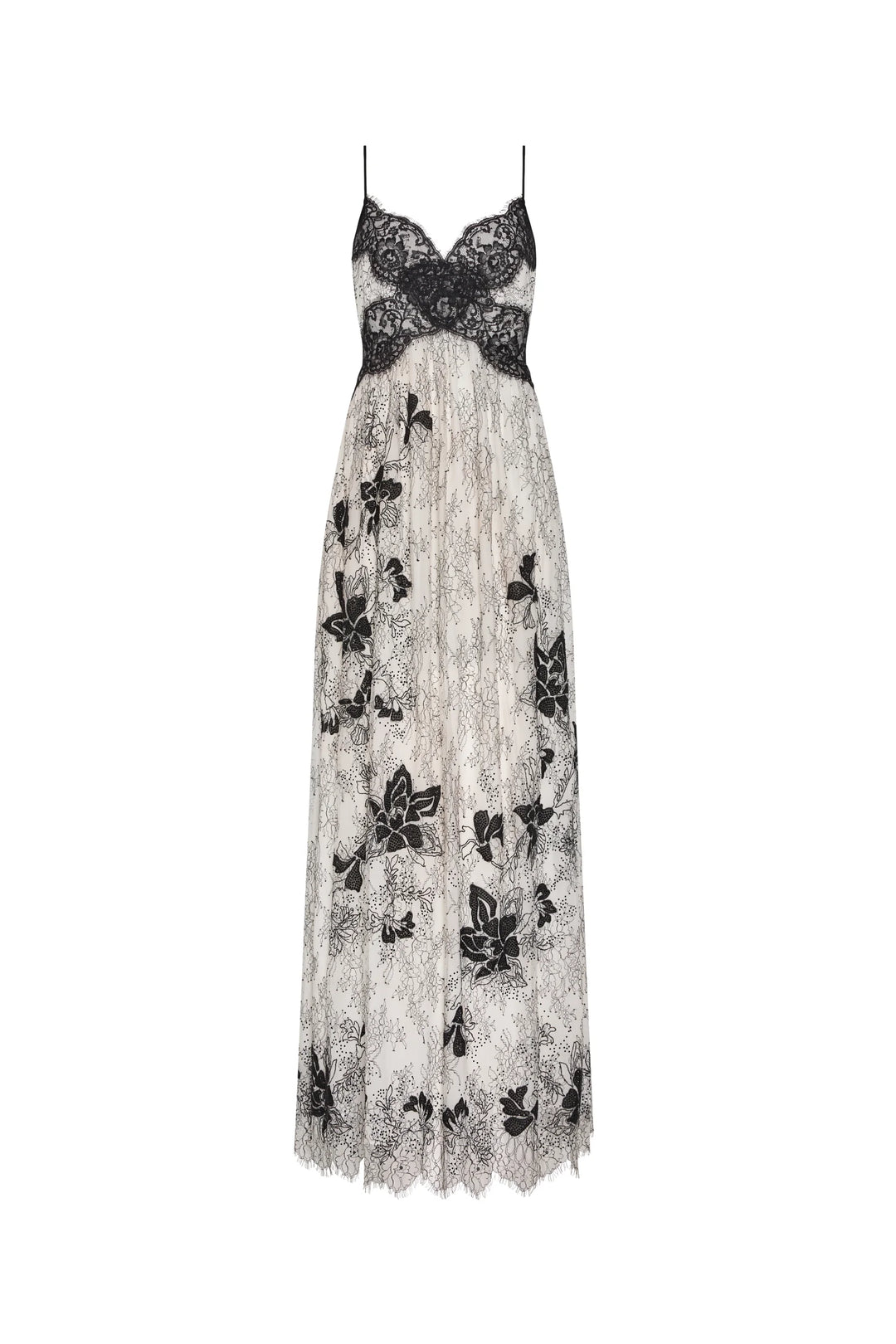 Black lace dress with floral patterns on a white background