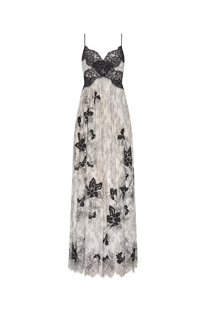 Black lace dress with floral patterns on a white background