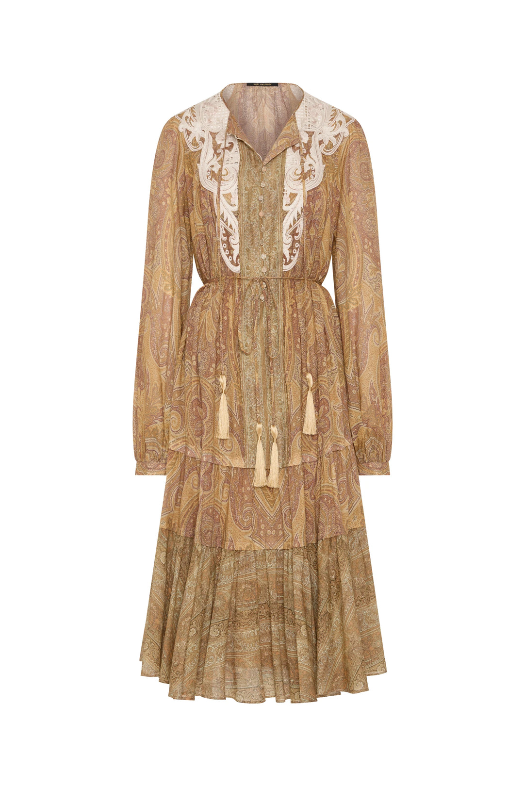 Midi dress with paisley print, lace collar, tiered skirt, embroidery, tassel ties; fluid cotton. Front view on white.
