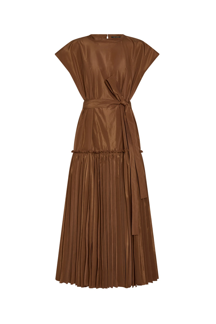 Sleeveless dress with pleated skirt, waist tie belt, fitted bodice; knee-length silhouette; front view on white.