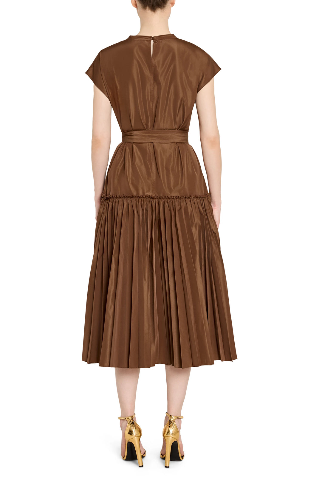 Sleeveless pleated midi dress with fitted waist and flowing skirt in crepe, back view on model.