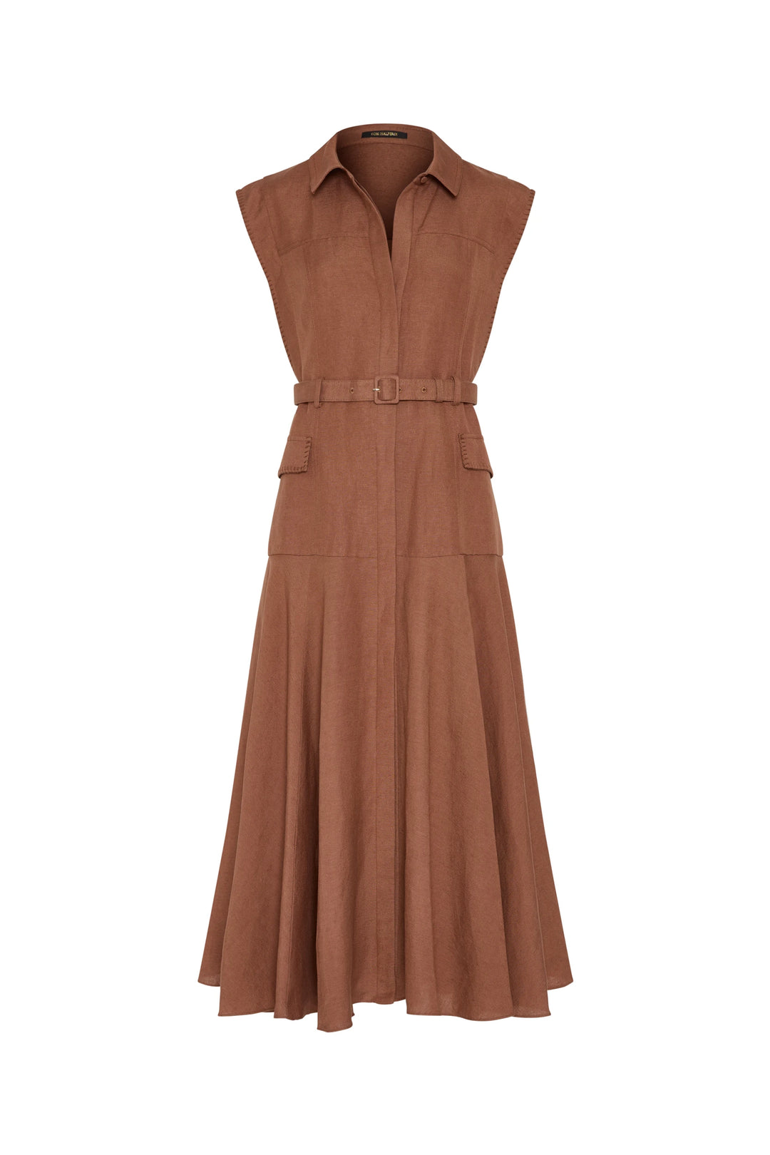 Sleeveless linen dress with collar, front buttons, belted waist, two front pockets. Front view on white.
