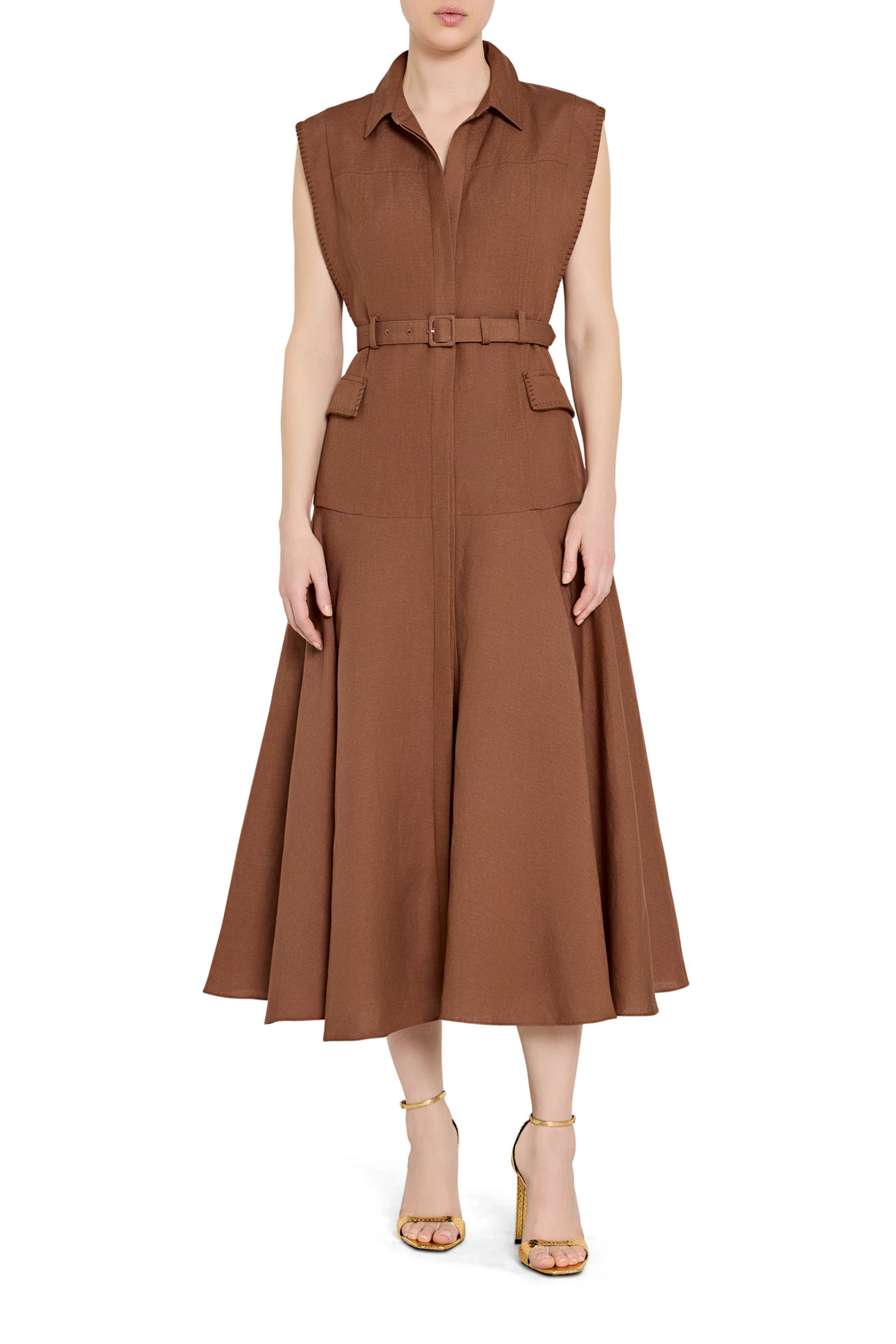 Linen midi dress with belted waist, button front, and short sleeves; A-line silhouette. Front view on model.