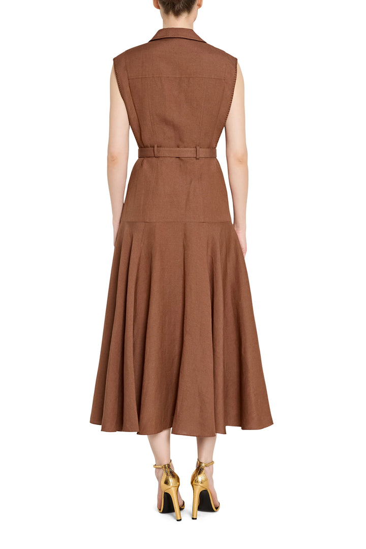 Sleeveless linen dress with belted waist and straight silhouette; back view on model.