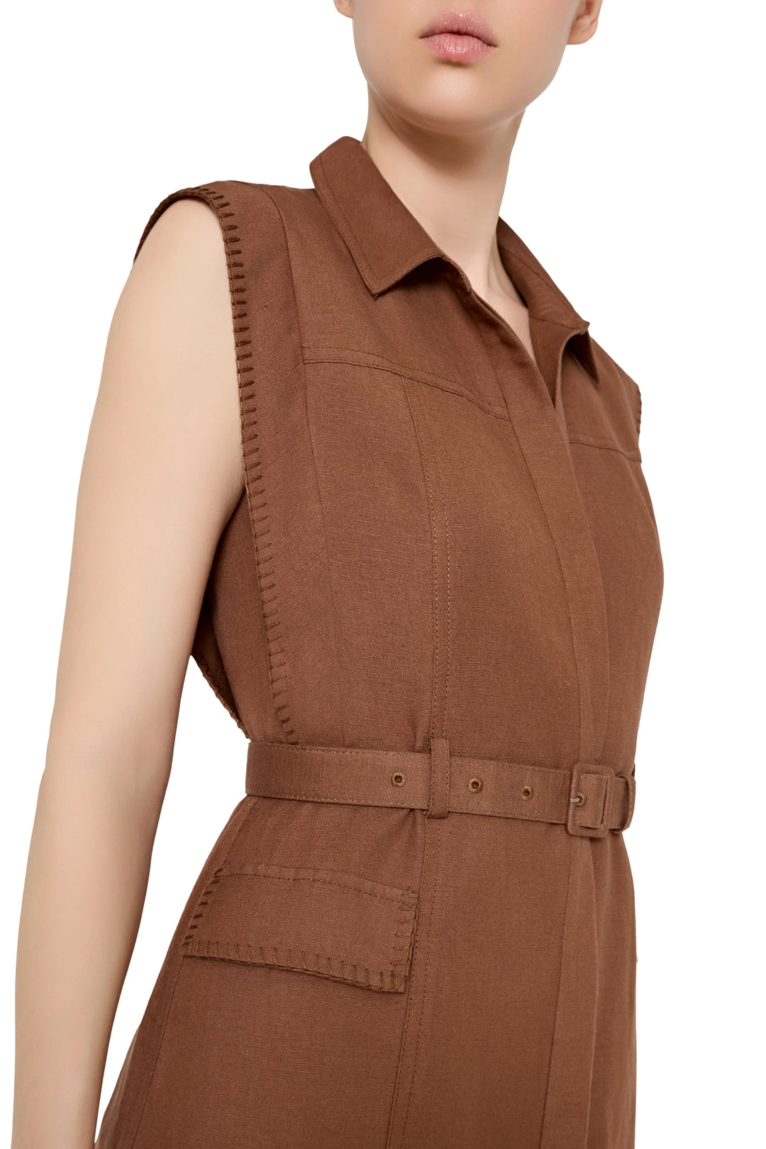 Sleeveless linen-blend midi dress with belted waist, collar, and stitched details; front view on model.