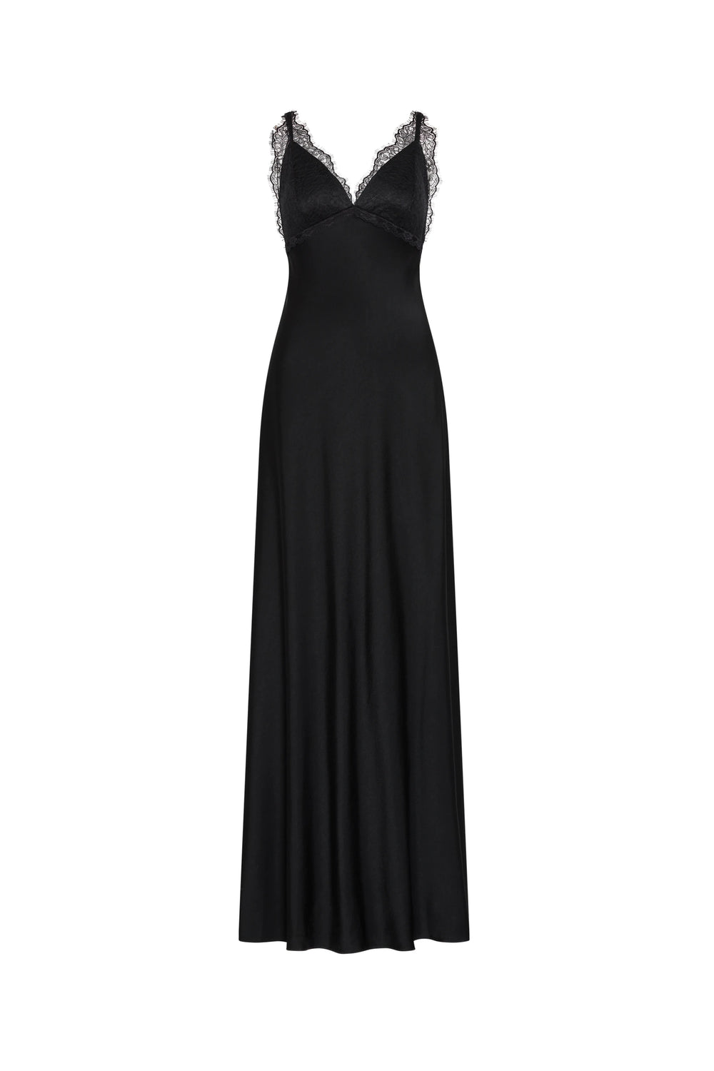 Black evening gown with lace detailing on a white background