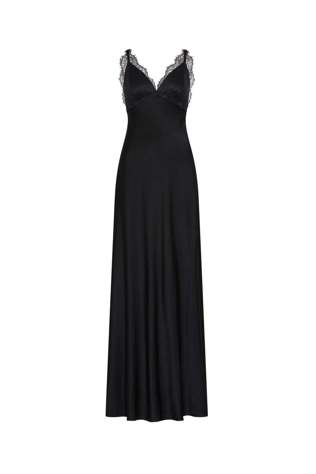Black evening gown with lace detailing on a white background