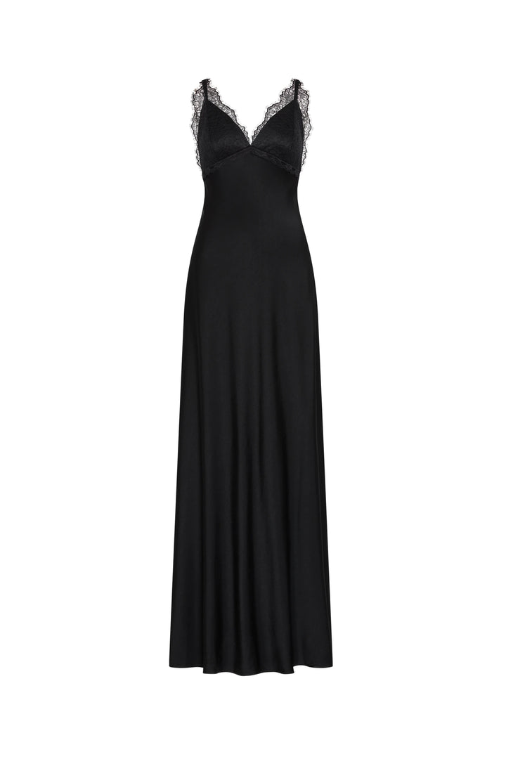 Black evening gown with lace detailing on a white background