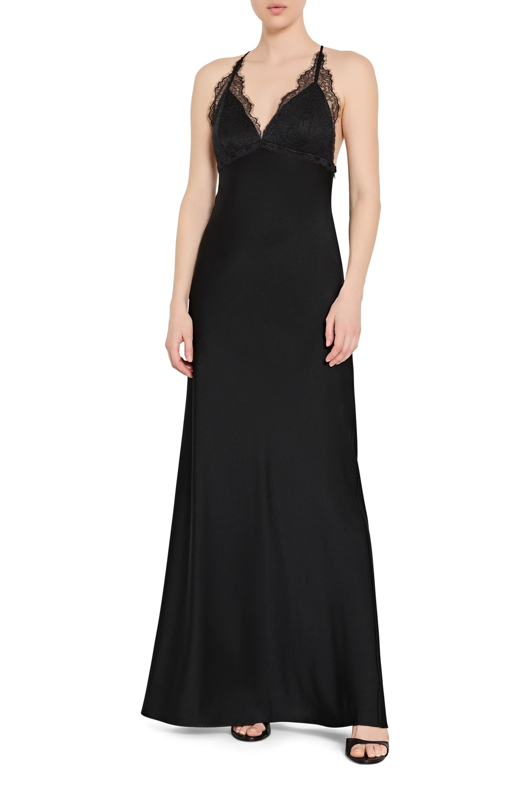 Black evening gown with lace detailing on a white background